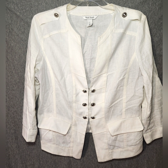 White House Black Market Military Jacket Size 8 White 55% Linen Hook Eye Closure - Picture 1 of 8